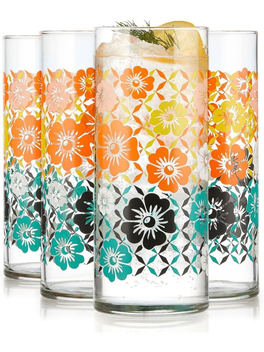 Colorful Vintage Flower Drinking Glasses Set of 4 | Retro Floral Design Cups